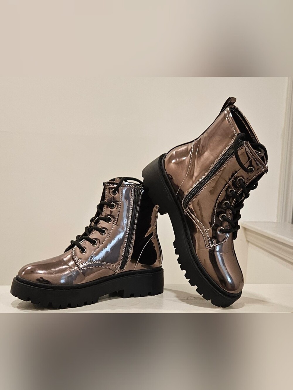 Steve Madden Metallic Bronze Lace-Up Combat Boots with Side Zip